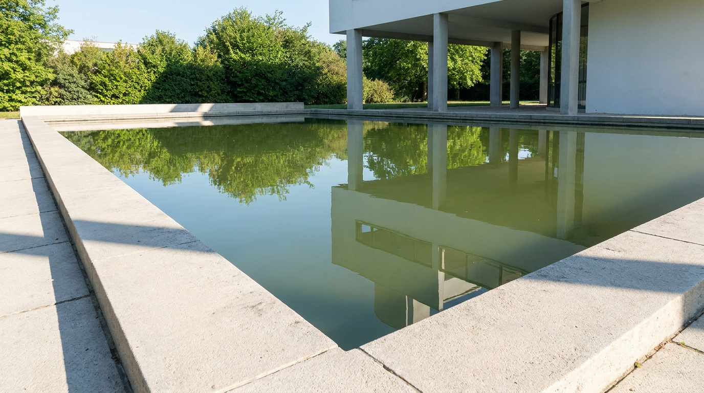 Modern concrete and glass building with columns, reflected in a large, shallow concrete-edged pool, seen from a low angle.