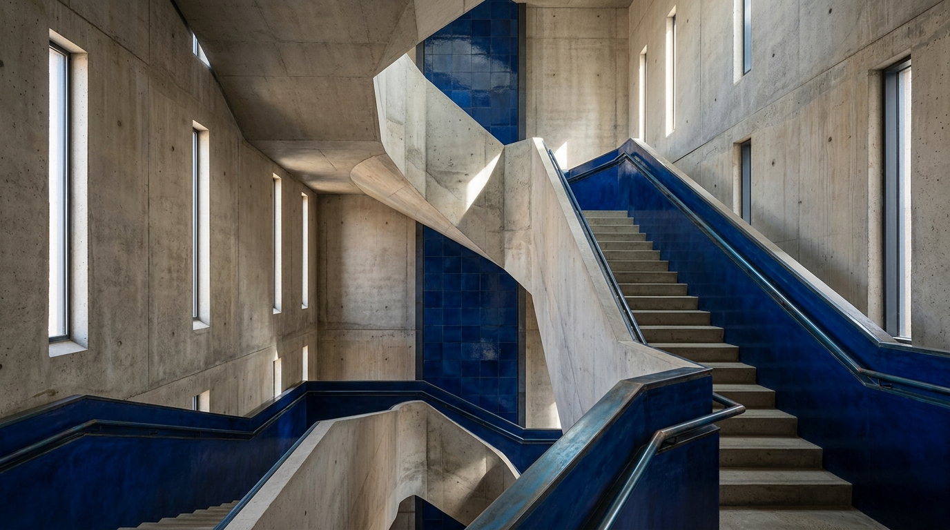 Concrete staircase with bold blue tiled walls and railings winding upwards, seen from below.