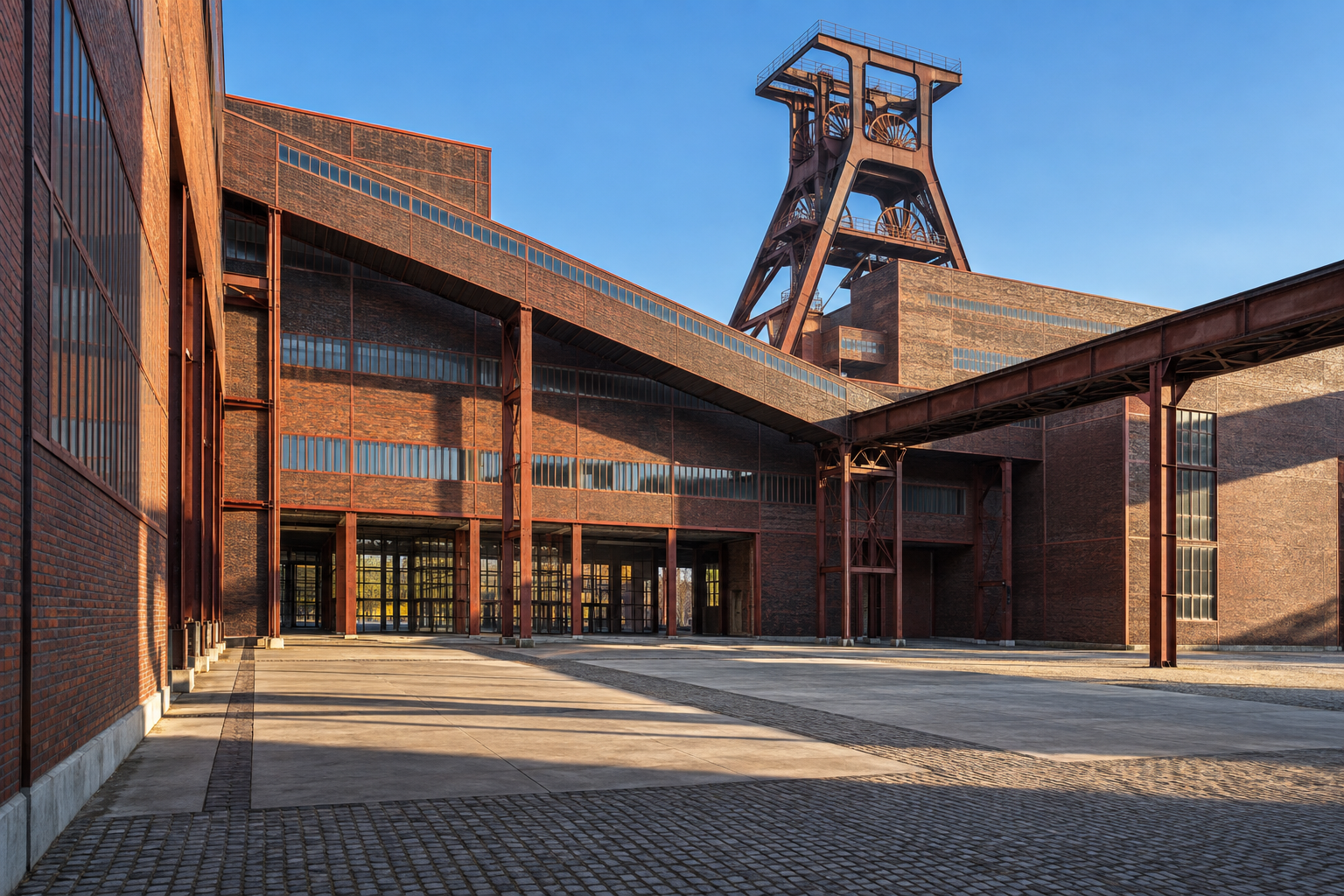 Zollverein Coal Mine Industrial Complex, featuring weathered red brick buildings with large windows, and a tall steel headfra