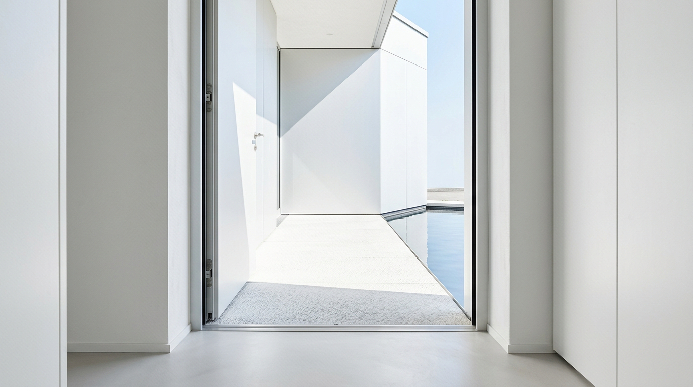 White concrete interior looking through an open door to a minimalist white outdoor patio and water feature under clear sky.